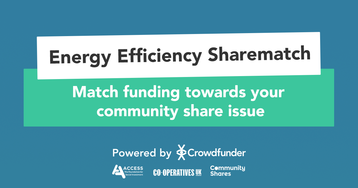 Promotional banner for an energy efficiency funding opportunity, reading "match funding towards your community business share issue," powered by crowdfunder and Co-operatives UK through community shares