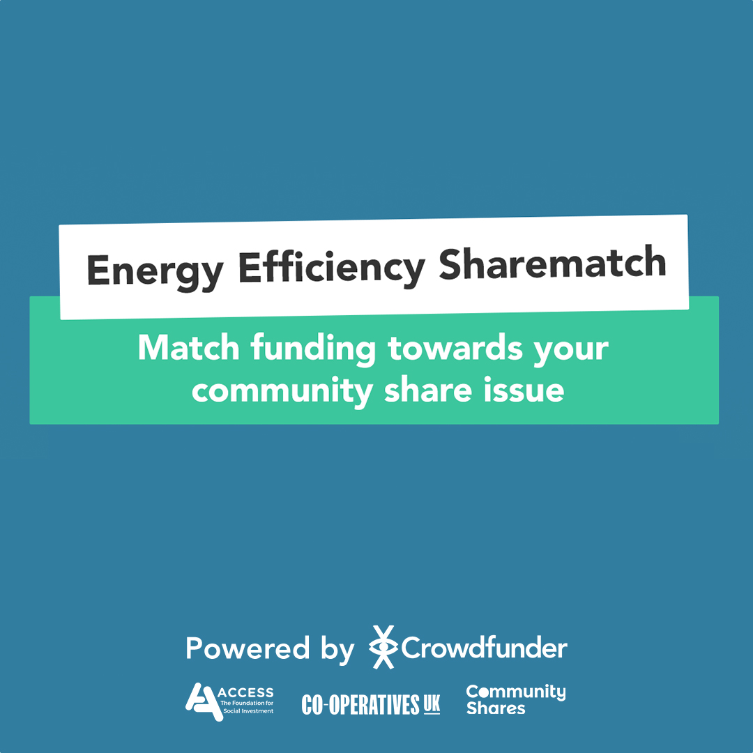 Promotional banner for an energy efficiency funding opportunity, reading "match funding towards your community business share issue," powered by crowdfunder and Co-operatives UK through community shares