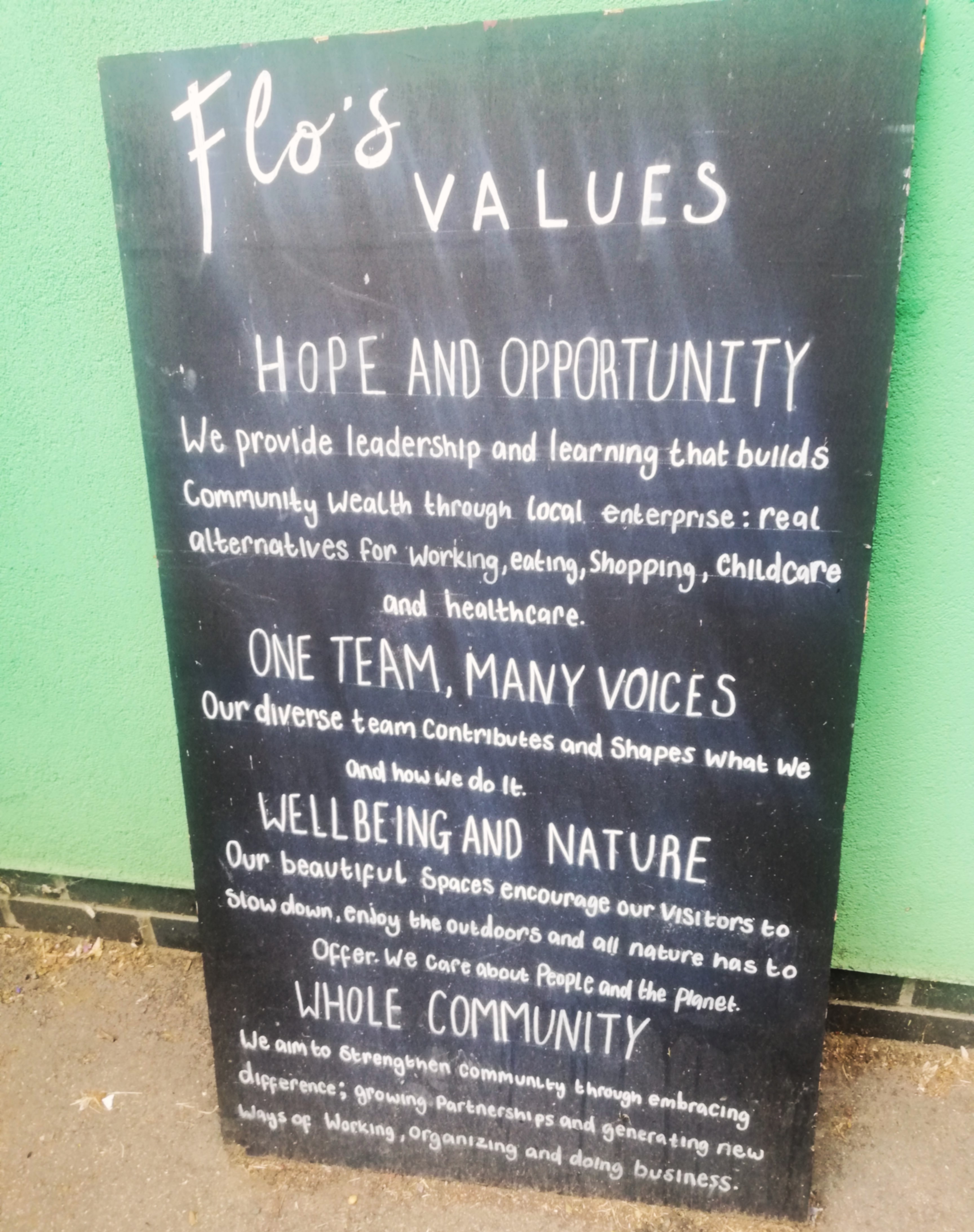 Flo's values: Hope and opportunity, one team, many voices, wellbeing and nature and whole community
