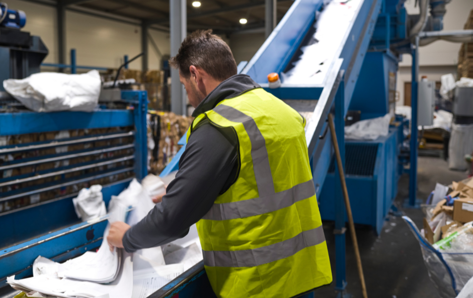 A man recycling paper at a recycling plant