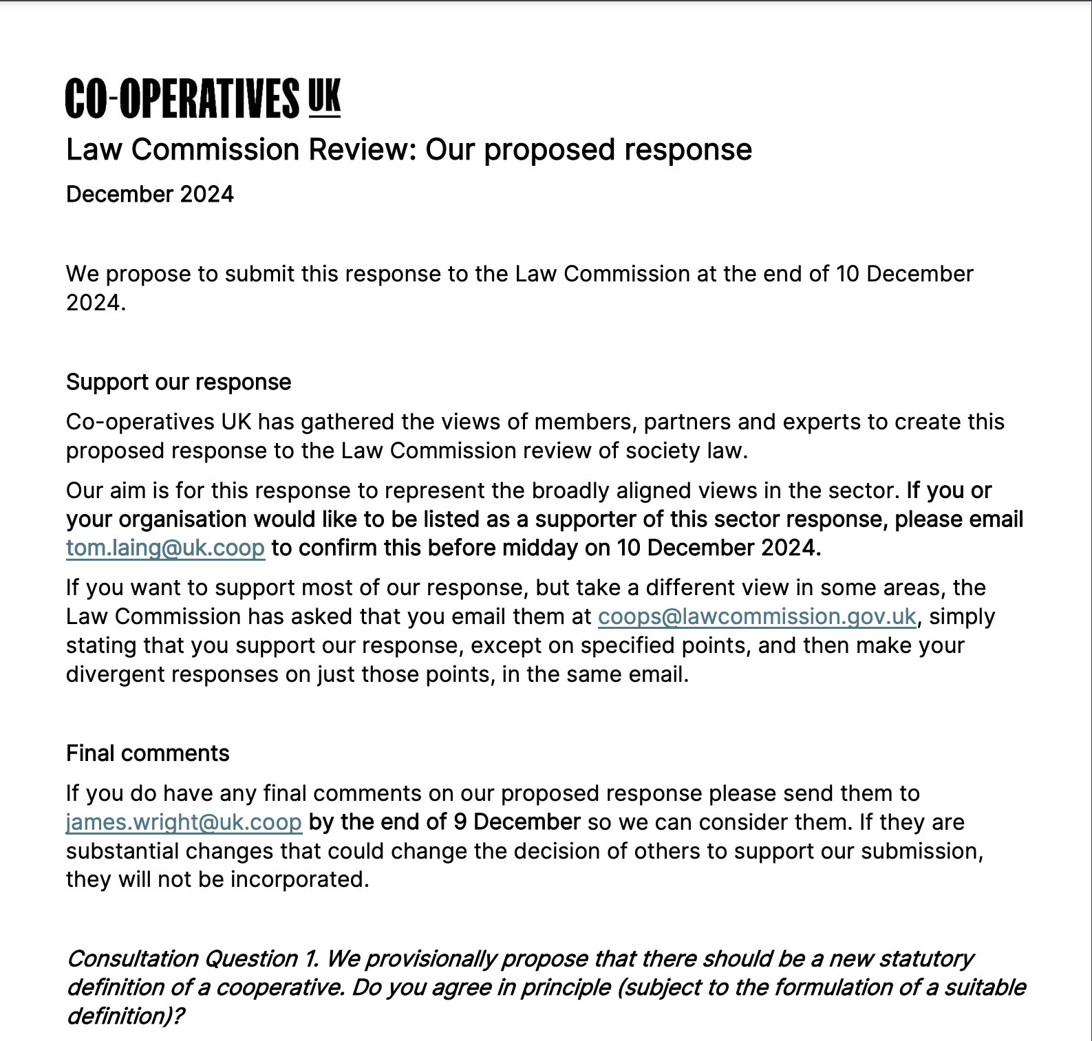 A screenshot of the opening page of Co-operatives UK's proposed response to the Law Commission consultation.
