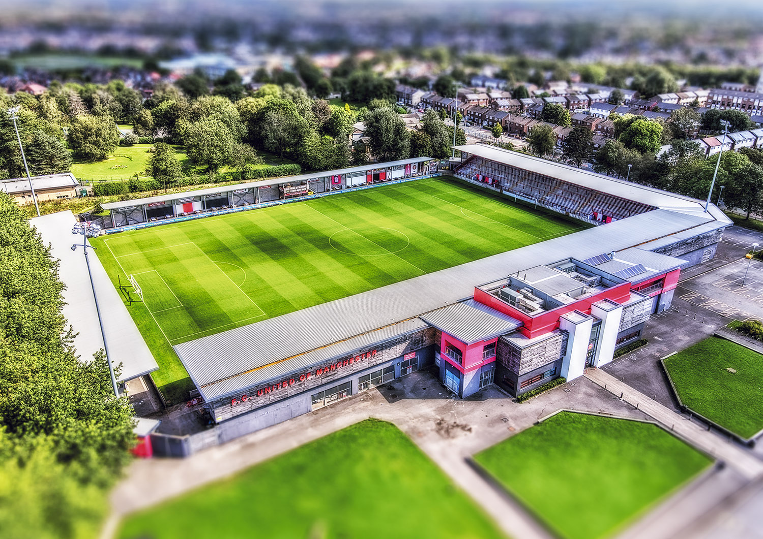 An aerial view of the FC United stadium
