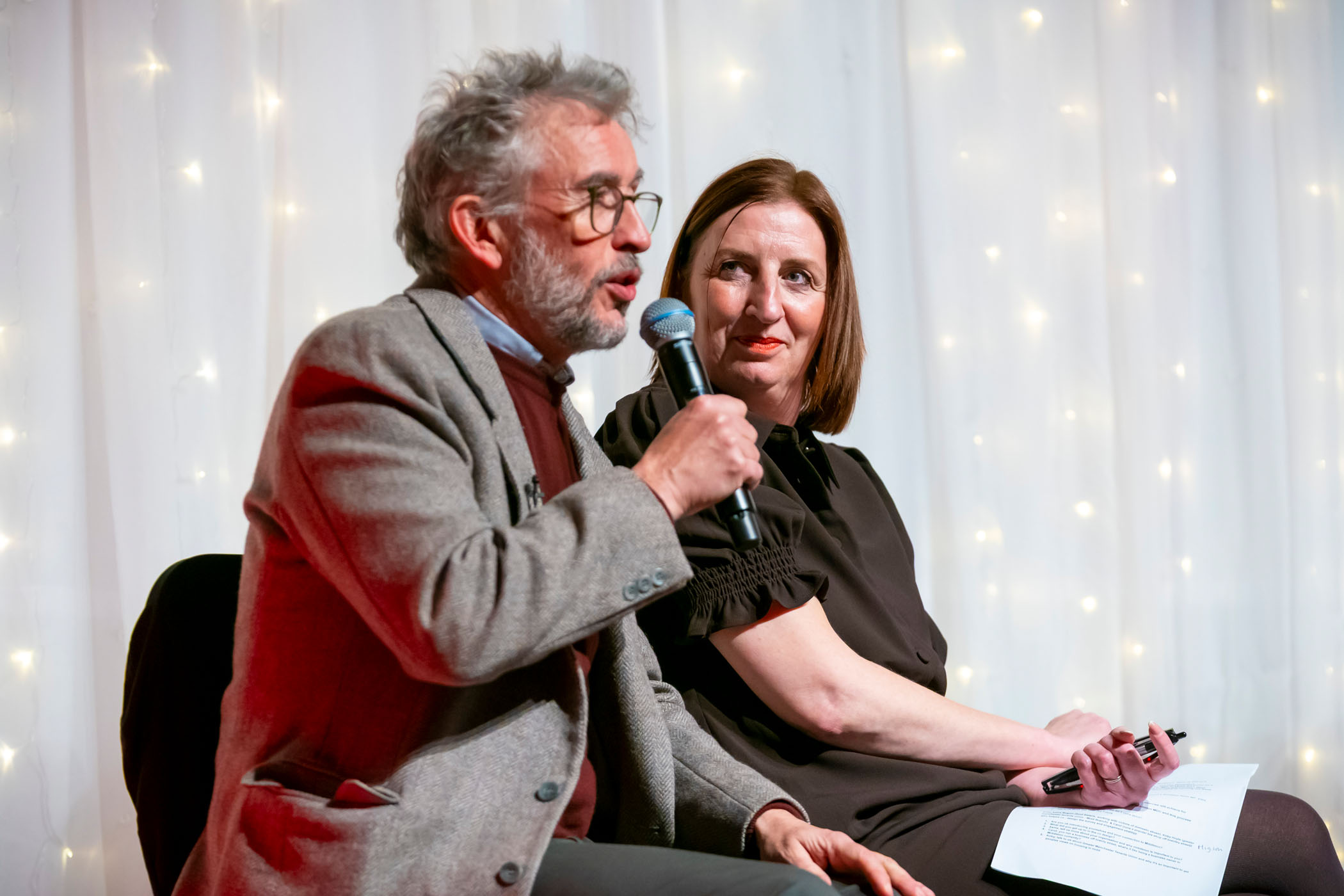 Steve Coogan talking at the Middleton Regeneration launch with Rose Marley in the background