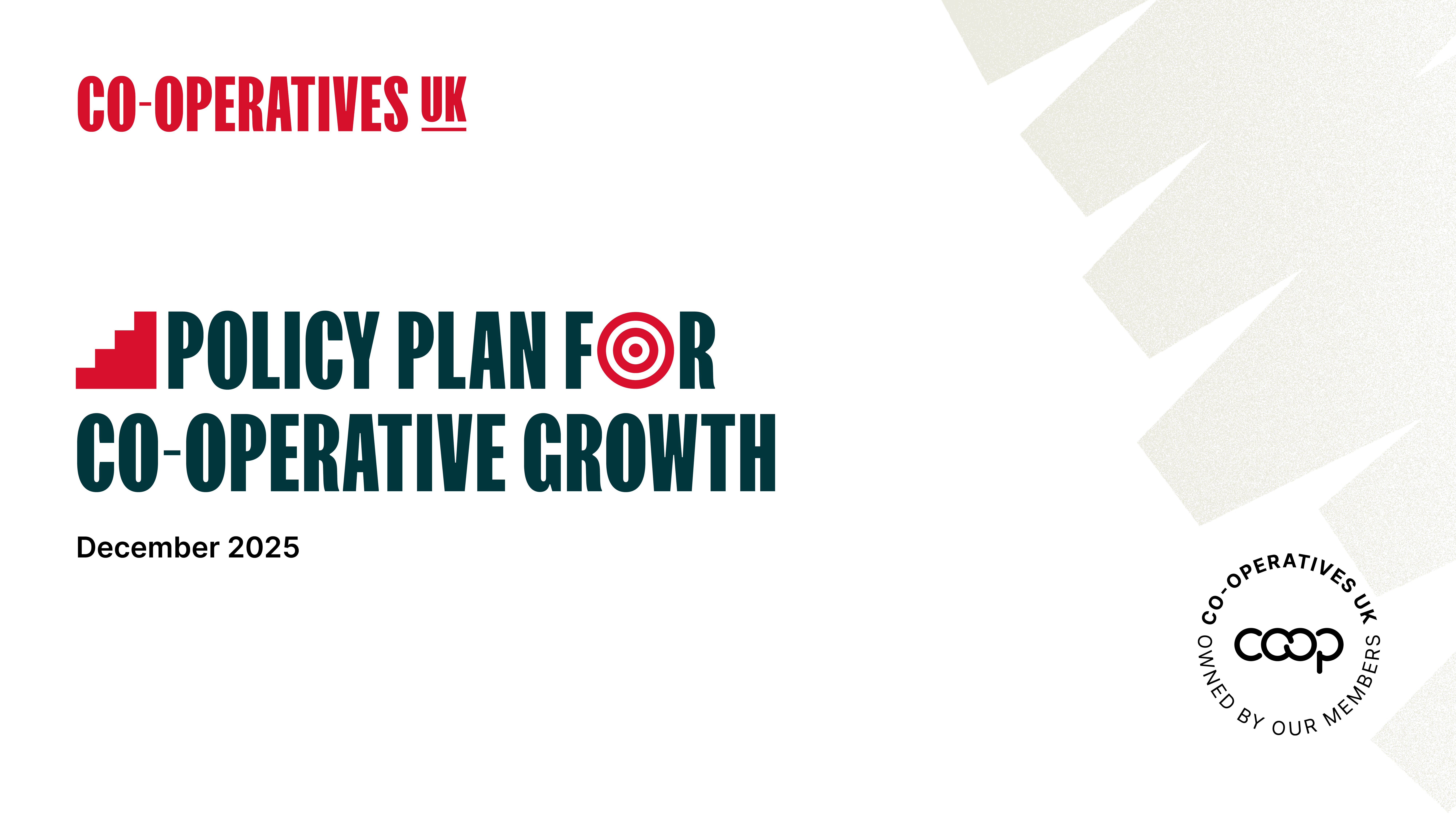 A landscape version of the front cover of Co-operatives UK's 'Policy Plan for Co-operative Growth' document 