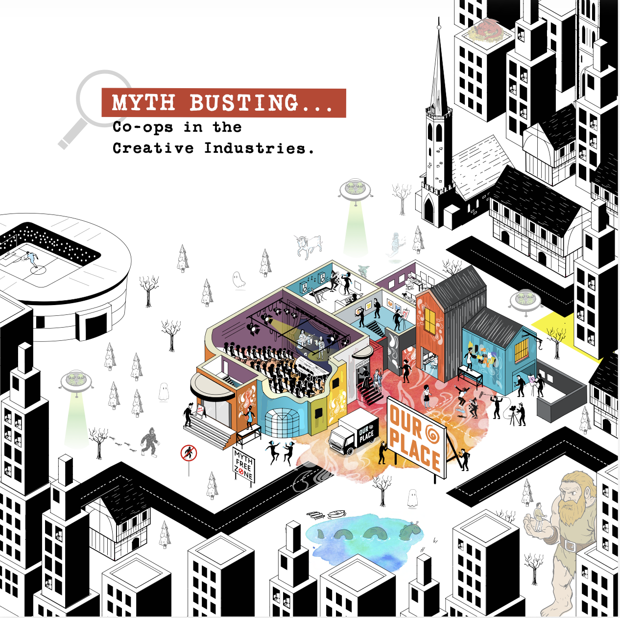 An illustration of a town on the cover of the document