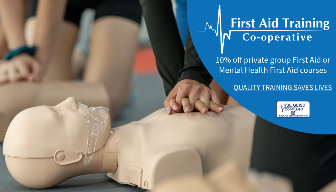 A graphic with a photo of hands doing CPR on a first aid training dummy