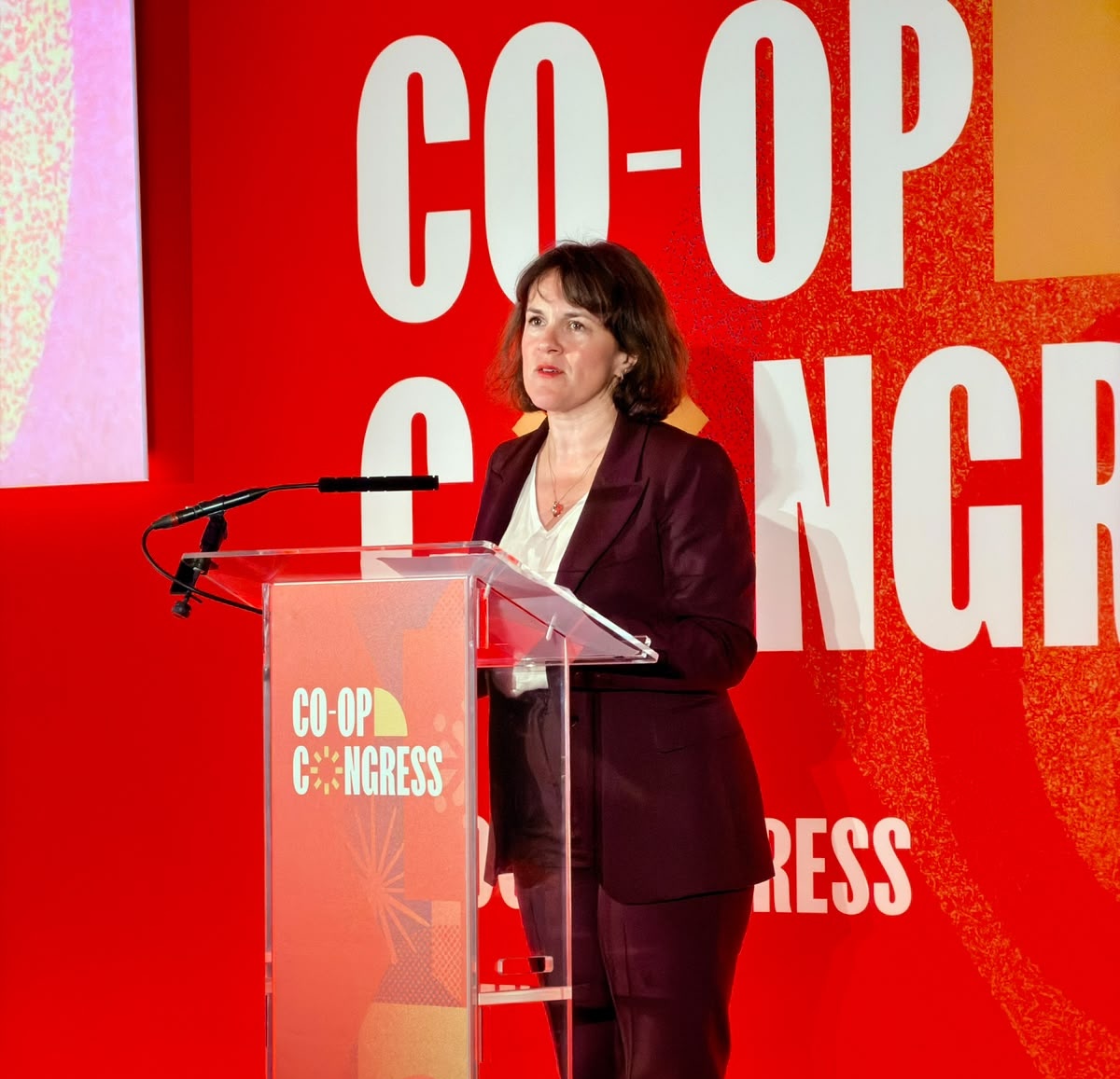A photograph if Rachel Blake MP, Economic Secretary to the Treasury, on stage at Co-op Congress 2026.