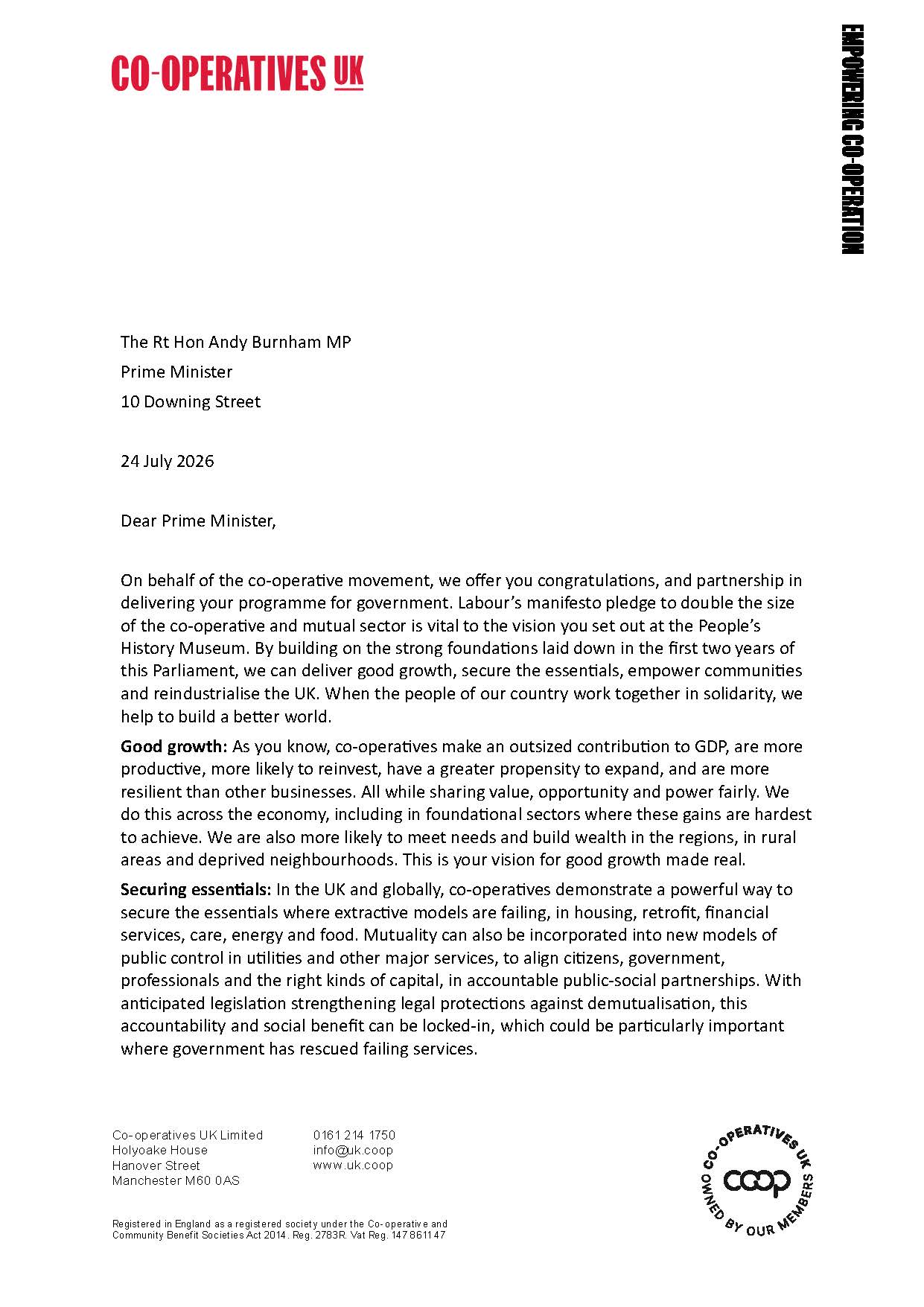 Letter to the Prime Minister: Co-operatives and good growth