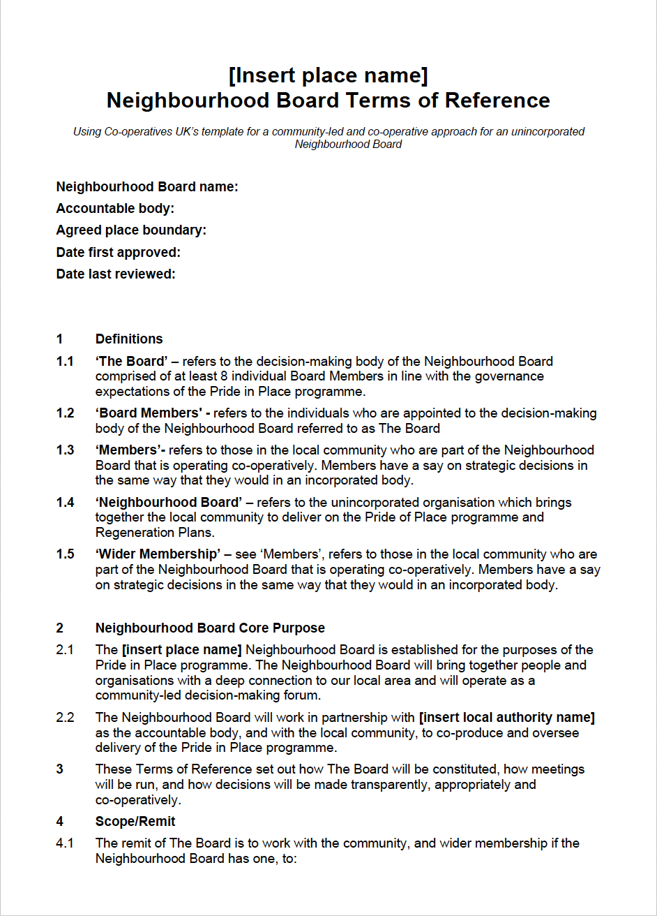 Front page of the template terms of reference for a co-operative Neighbourhood Board