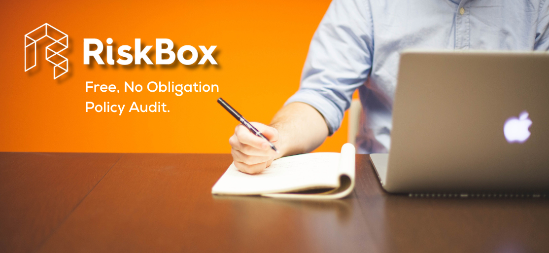 RiskBox graphic for FREE policy audit with picture of man with laptop