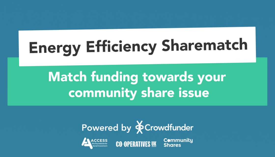 Promotional banner for an energy efficiency funding opportunity, reading "match funding towards your community business share issue," powered by crowdfunder and Co-operatives UK through community shares