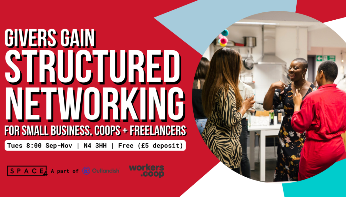 A graphic with a red background which reads 'Givers gain, structured networking for small businesses, coops and freelancers.' On the right hand side is a circular image of three people in a kitchen having a conversation.   