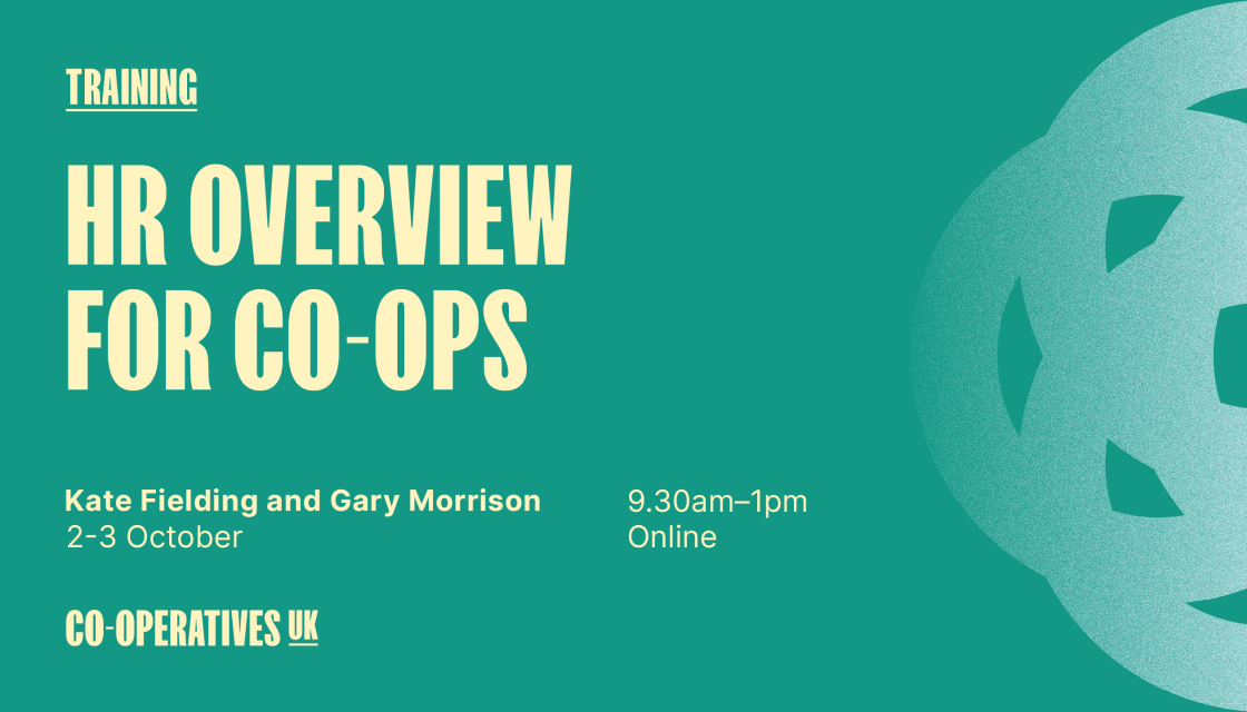 Graphic promoting training called 'HR overview for co-ops' taking place on 2-3 October, delivered by Co-operatives UK