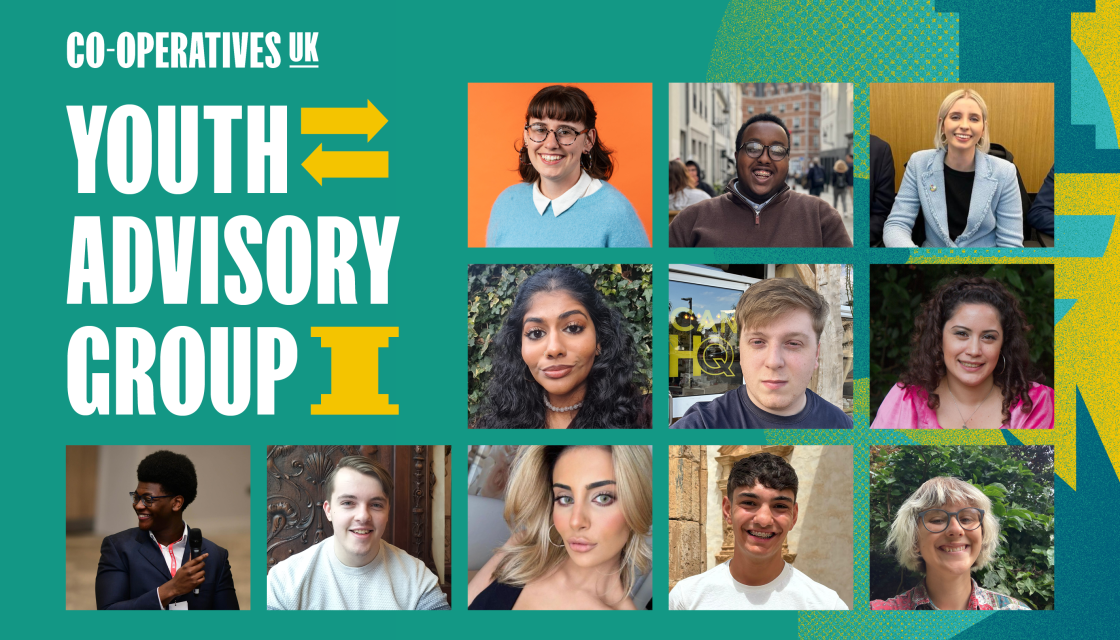 A graphic with a turquoise background displaying eleven square photos of the Youth Advisory Group members. On the left hand side is the Youth Advisory Group and Co-operatives UK logo. 