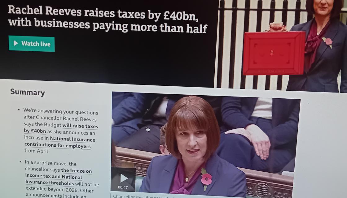 A screenshot of the BBC News website focused on Budget 2024. It features two photographs of Chancellor Rachel Reeves.