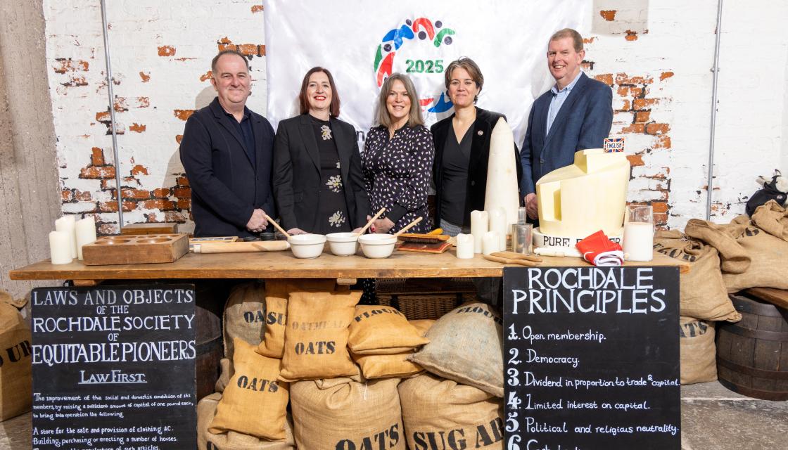 A photograph of (from left to right) Paul Gerrard (Co-op Group), Rose Marley (Co-operatives UK), Debbie Robinson (Central Co-op), Sarah Alldred (Co-op College), Pete Westall (Midcounties Co-operative)