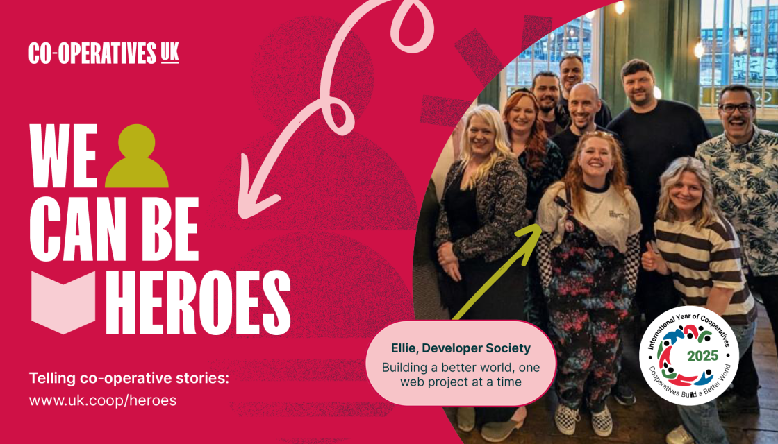 A banner promoting a storytelling guide 'We Can Be Heroes' with an image of a group of co-operative members smiling at the camera