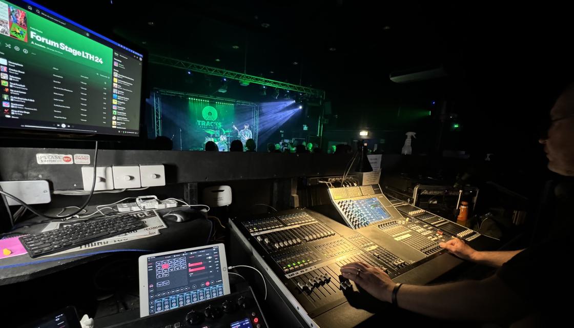 The Forum Darlington from the POV of the sound desk to the stage with a band performing