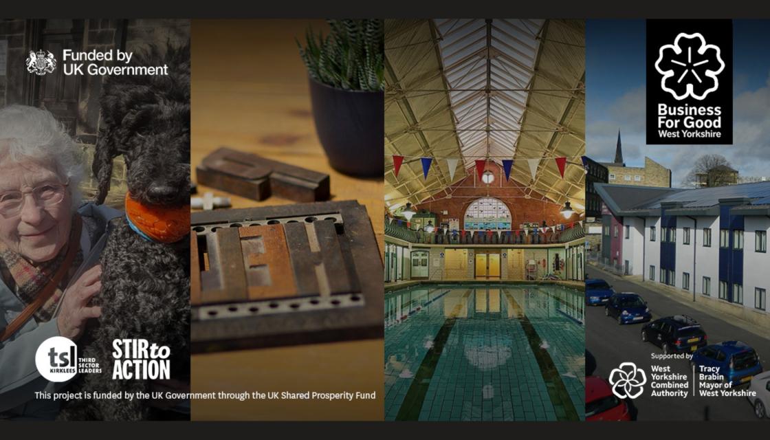 A split screen picture showing an older woman, printing equipments, a swimming baths and some buildings 