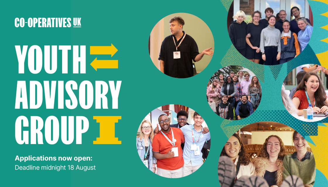 A graphic advertising the opportunity to apply to be part of Co-operatives UK's Youth Advisory Group, including photos of young people involved with co-operatives and taking part in events