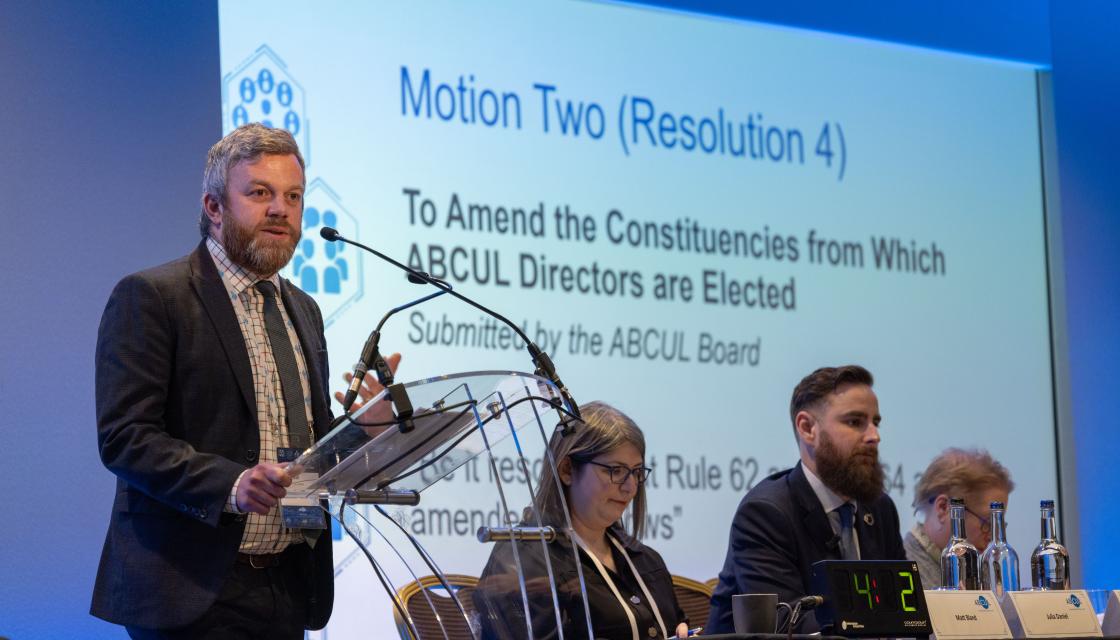 ABCUL's Cheif Executive Matt Bland talking at a podium