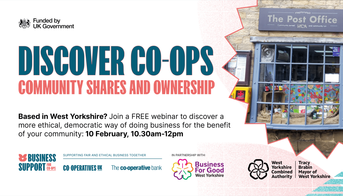 Promotional graphic for a free webinar – Discover co-ops webinar: Community shares and ownership