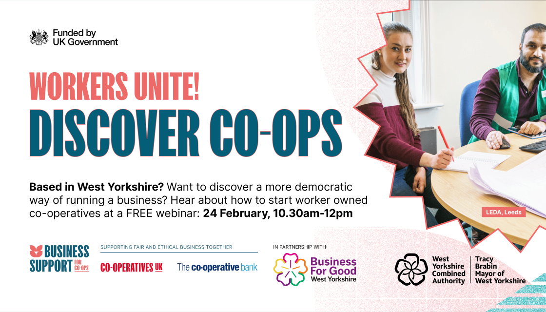 Promotional graphic for a free webinar – Discover co-ops webinar: Workers unite! (Worker co-ops)