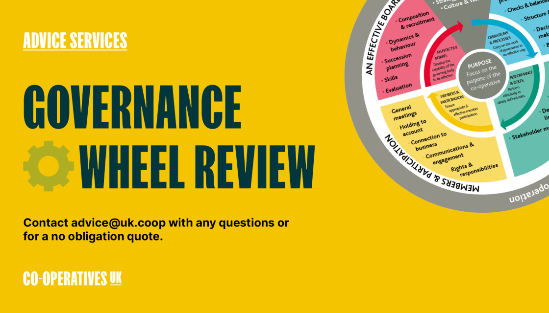 A graphic advertising Co-operatives UK's Governance Wheel Review service
