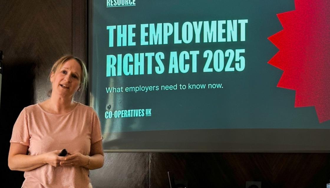 A photograph of Co-operatives UK HR Manager, Kate Fielding, presenting on the Employment Rights Act 2025.