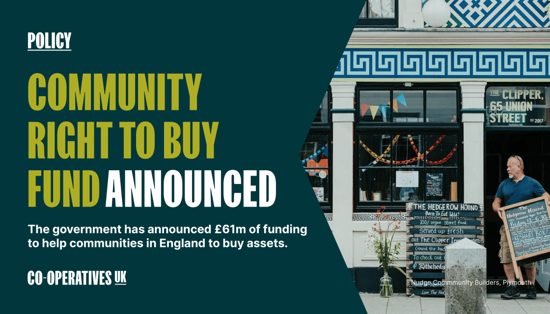 A graphic with the text: Community Right to Buy fund announced with an accompanying photo of Nudge Community Builders, a community-owned organisation in Plymouth
