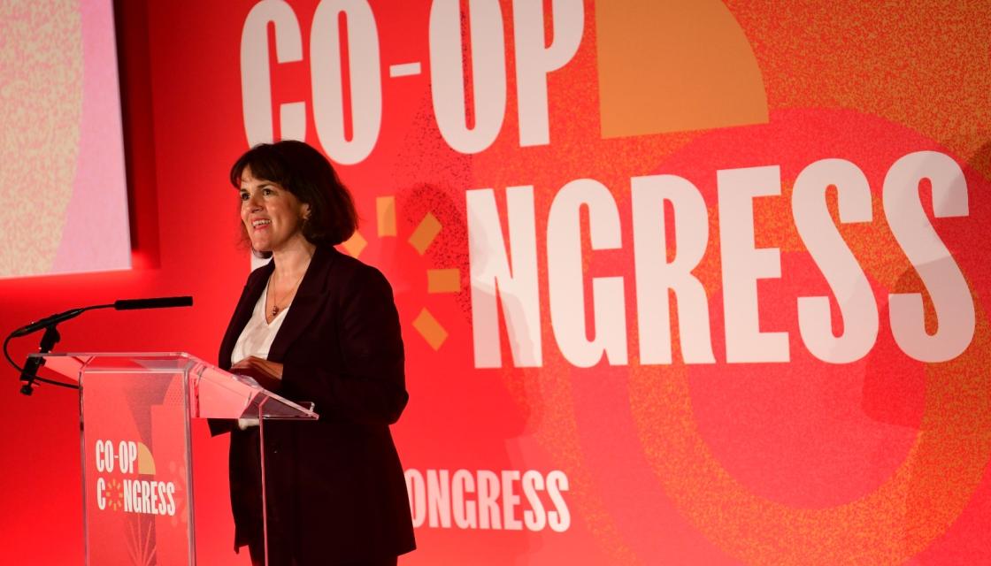 A photograph of Rachel Blake MP, Economic Secretary to the Treasury, on stage at Co-op Congress 2026