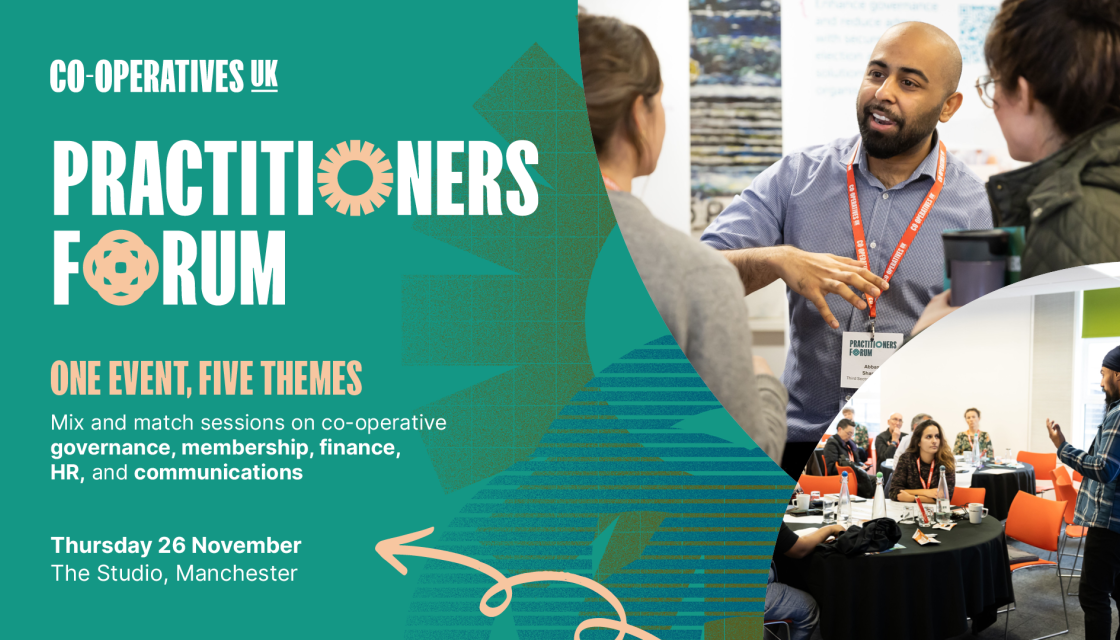 A graphic promoting Practitioners Forum, a learning and development event for co-operatives, which takes place on Thursday 26 November in Manchester
