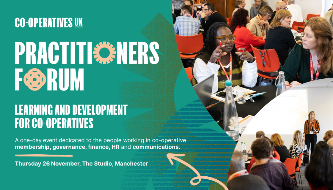 A graphic promoting Co-operatives UK's Practitioners Forum, a one-day training and development day for co-operatives
