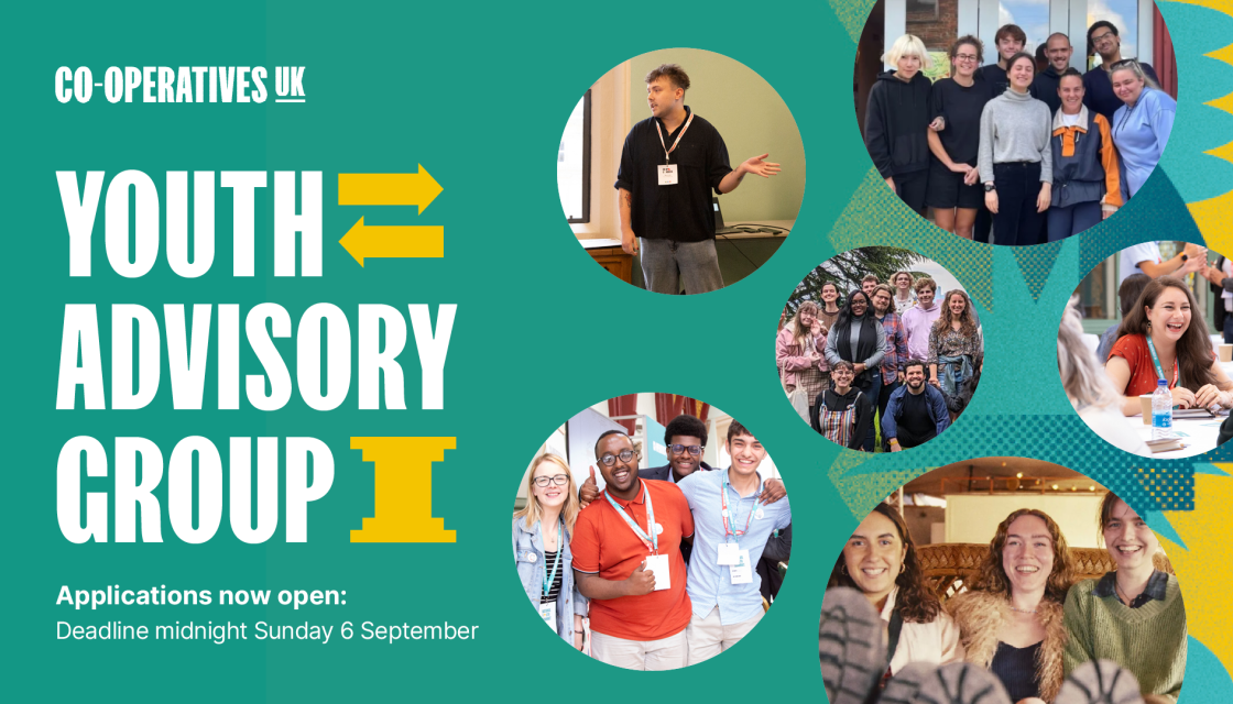 A graphic advertising the opportunity to apply to be part of Co-operatives UK's Youth Advisory Group, including photos of young people involved with co-operatives and taking part in events
