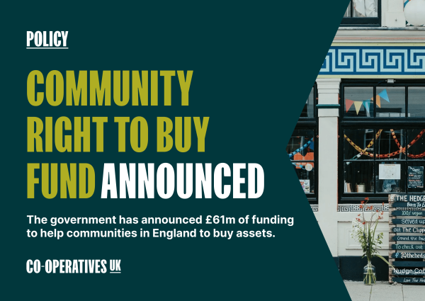 A graphic with the text: Community Right to Buy fund announced with an accompanying photo of Nudge Community Builders, a community-owned organisation in Plymouth