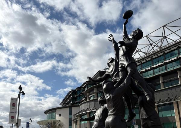 A photograph of a rugby statue outside the Allianz Stadium, the home of the Rugby Football Union (RFU) in Twickenham, London