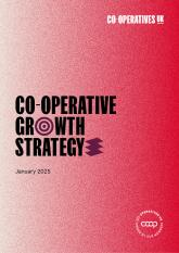 Front cover of Co-operatives UK's Co-operative Growth Strategy document. It features the title of the document on a mottled red background and the Co-operatives UK logo.