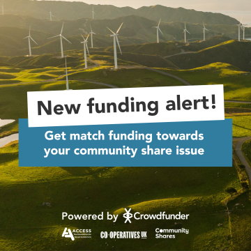 Promotional banner featuring a group of wind turbines on a green hillside with the text 'new funding alert! get match funding towards your community share issue.'