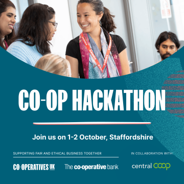 A promotional graphic for the Co-op Hackathon taking place on 1-2 October 2024 with an image of a group of women at a hackathon