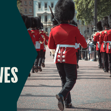 A graphic advertising Co-operatives UK's response to the King's Speech. It features a photograph of Yeoman Warders, also known as 'Beefeaters', walking away from the camera with one prominent in the foreground. The graphic is overlaid with the words 'The King's Speech and Co-operatives'