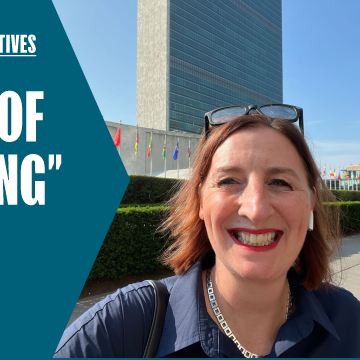 A graphic advertising Rose Marley's blog on the International Year of Cooperatives 2025. It features a head shoulders photo of Rose Marley, CEO of Co-operatives UK, outside the HQ of the United Nations, on the right. On the left are the words 'A catalyst of new thinking'.