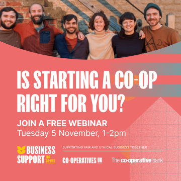 A graphic promoting a free webinar from Co-operatives UK called 'Is starting a co-operative right for you?' which takes place on 5 November from 1-2pm. There's a photo of worker co-operative Impact Co-op at the top.