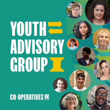 A graphic on a teal background featuring 11 circular images of the Youth Advisory Group members. On the left hand side is the Youth Advisory Group logo. The Co-operatives UK logo is below. 