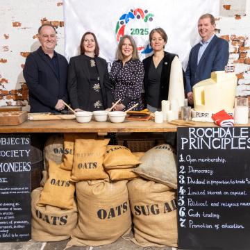 A photograph of (from left to right) Paul Gerrard (Co-op Group), Rose Marley (Co-operatives UK), Debbie Robinson (Central Co-op), Sarah Alldred (Co-op College), Pete Westall (Midcounties Co-operative)
