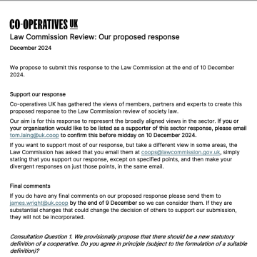 A screenshot of the opening page of Co-operatives UK's proposed response to the Law Commission consultation.