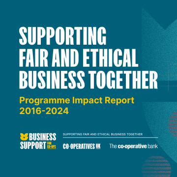 A graphic with the text: Supporting fair and ethical business together – Programme impact report 2016-2024 for the Business Support for Co-ops programme delivered by Co-operatives UK in partnership with The Co-operative Bank