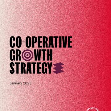 Front cover of Co-operatives UK's Co-operative Growth Strategy document. It features the title of the document on a mottled red background and the Co-operatives UK logo.