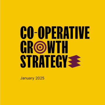 Front cover of Co-operatives UK's Co-operative Growth Strategy document. It features the title of the document on a yellow background and the Co-operatives UK logo.