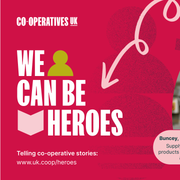 A banner promoting a storytelling guide 'We Can Be Heroes' with an image of a co-operative worker-owned smiling at the camera