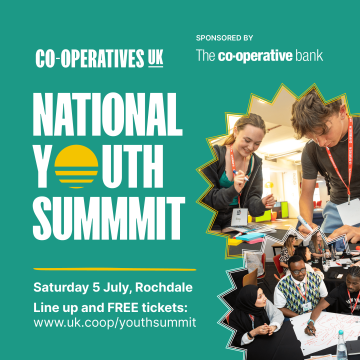A graphic advertising the National Youth Summit, by Co-operatives UK, featuring photos of people attending previous events